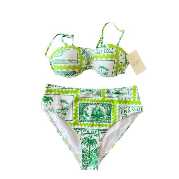 NEW w/Tags Vintage Stamp Print Boutique Bikini Swim Sz L Push Up Hi Rise Bottom - Picture 1 of 8